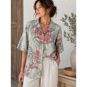 Vintage Silk Linen Camp Shirt 90s Floral French Script Relaxed Erin London XL